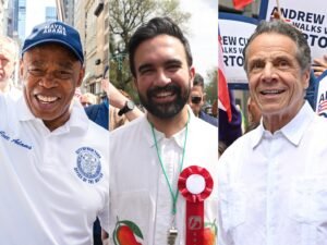 Photo: Mayor Eric Adams participates in the Pride March of NYC 2025 on June 29, 2025. Zohran Mamdani attends the Western Indian Day 2025 on September 1, 2025. Andrew Cuomo is seen in the Port Rico National Day Parade 2025 on June 8, 2025.