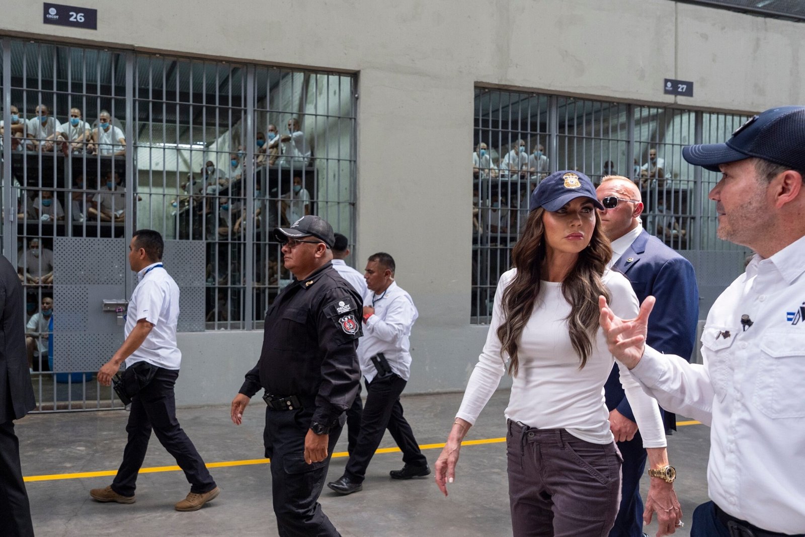 PHOTO: Homeland Security Secretary Kristi Noem tours a famous prison during a trip to El Salvador